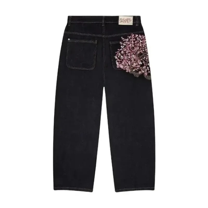 2025 Summer New European and American Harajuku Fashion Pattern Embroidered High Waist Jeans Personalized Street Straight-Leg Trousers