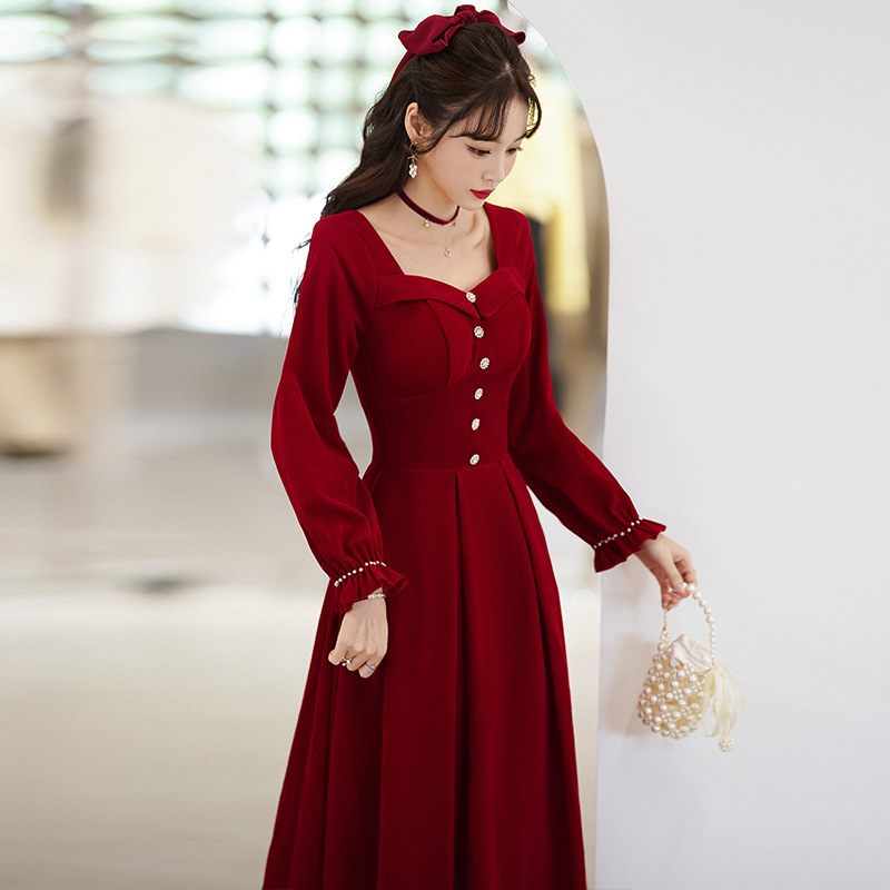 Plus Size Toast Dress 2026 New Long-Sleeved Burgundy Waist-Cinching Slimming Engagement Wedding Dress Thank-You Banquet Evening Dress