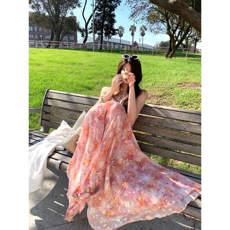 Xinlei Lin “夏日人鱼姬”提花人鱼姬雪纺吊带连衣裙长裙女春夏|undefined