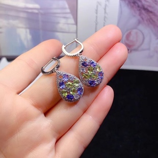 Monet's Garden 925 Silver Set Natural Tanzanite, Olivine Earbutton Master Stone 3 × 4