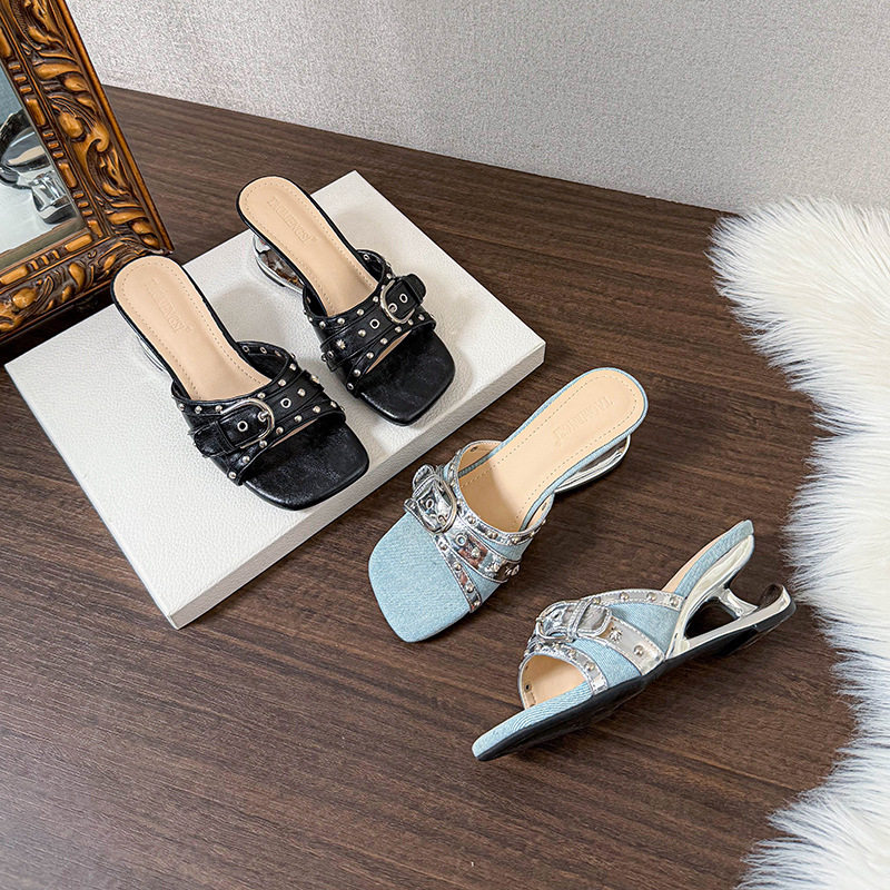 Dép sandal nữ quai ngang mũi vuông hở ngón, khóa kim loại đính đá, đế cao 6 cm — Màu xanh dương, màu đen