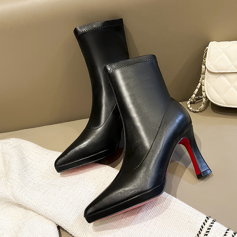 2026 New Style Black Red-Soled High-Heeled Short Boots for Women, Pointed Toe Elastic Sock Boots, Slimming and Versatile Autumn and Winter Boots with Thin High Heels