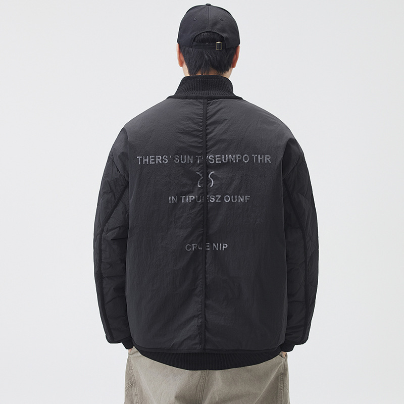 Falso de dos piezas de punto de cuello vertical chaqueta de plumón hombre invierno suelto abrigo de trabajo caliente chaqueta de moda de hombre image 4