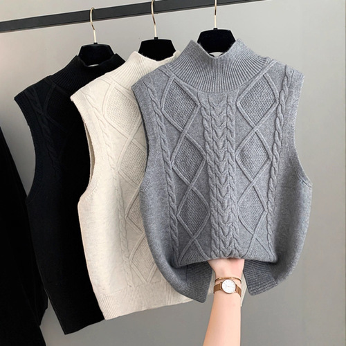 Double-sided vest sweater for women's autumn and winter new pure color semi-high collar twist knitted cardigan vest French loose top