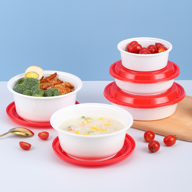 Caja de comidas desechable con cubierta tazón de fideos japonés cubierta roja tazón blanco plástico redondo engrosado caja de bento para llevar envasado tazón de sopa