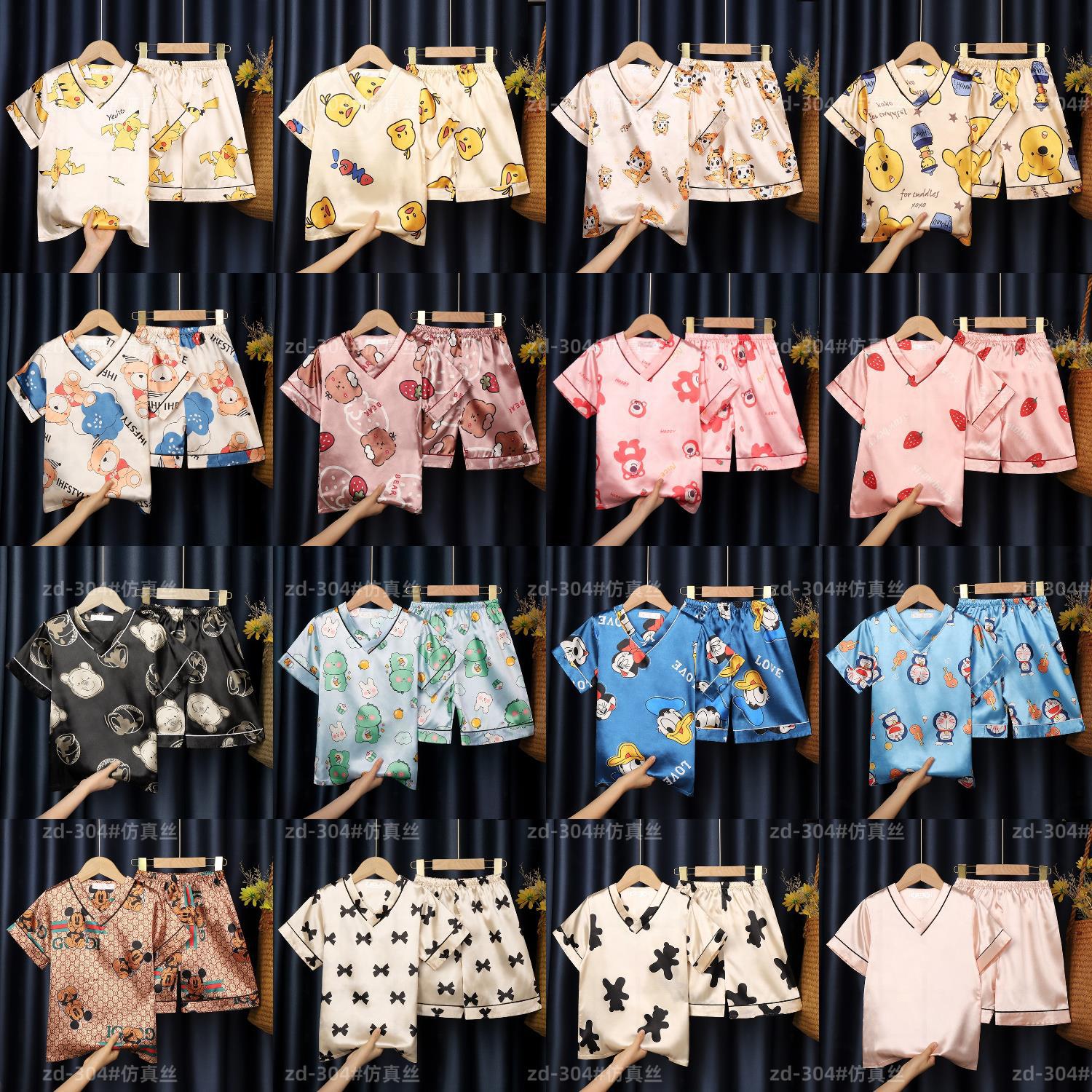 Pijamas para niños de verano de seda de hielo con cuello en V de manga corta niños delgados bebés y niñas de simulación de seda traje de desgaste para el hogar