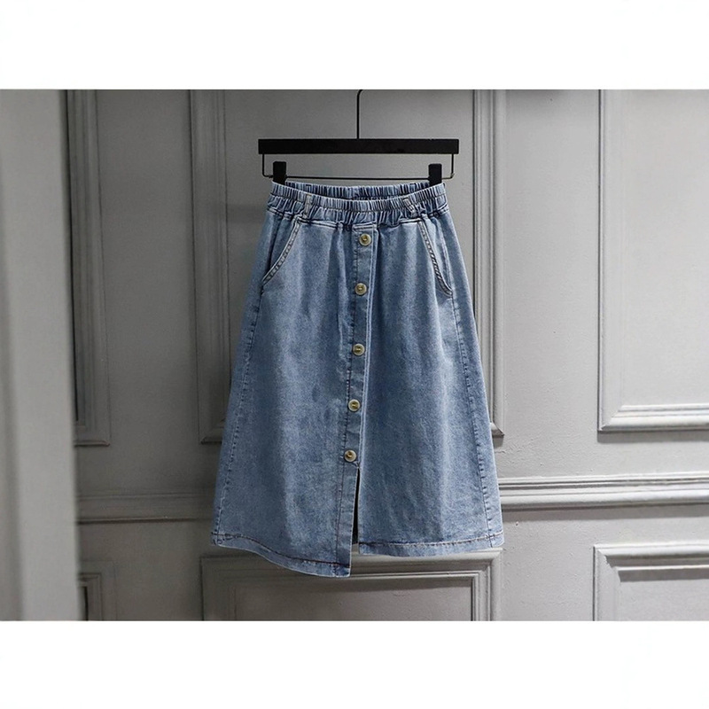 chubby girl extra-large size 150.00kg European A- line half-length denim skirt women's mid-length summer loose split one-step skirt