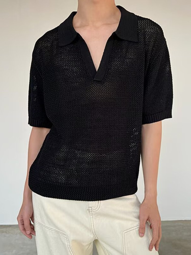 Cross-border French V-neck hollow polo shirt men's summer ins casual all-matching commuting lazy breathable short-sleeved sweater