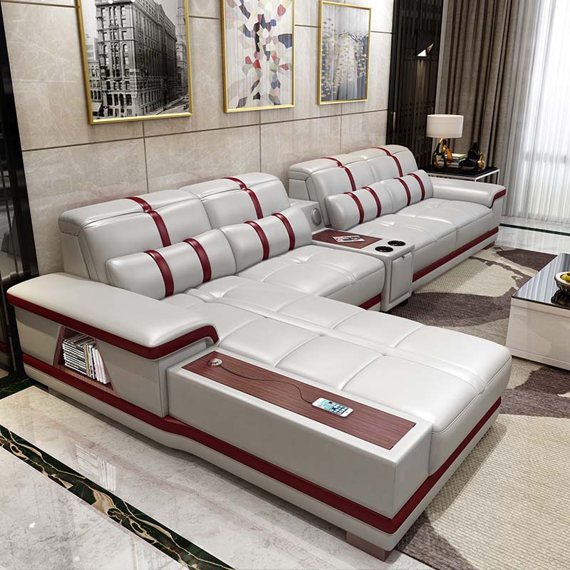 Sofá de cuero genuino amarillo piel de vaca esquina sofá chaise estilo moderno sala de estar apartamento grande y pequeño fila recta madera maciza luz sofá de lujo