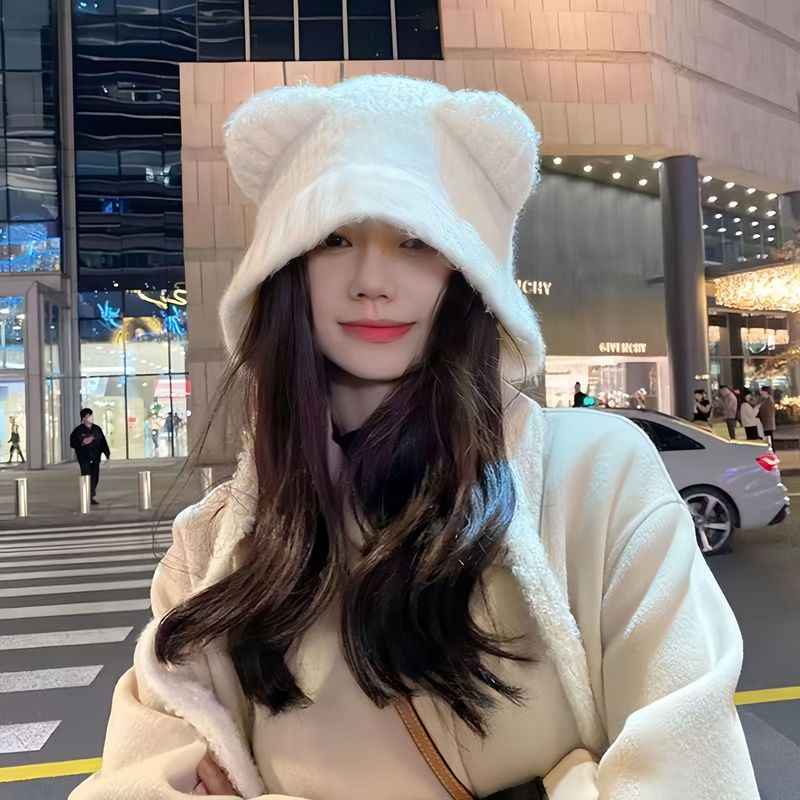 秋冬季帽子女毛绒包头帽可爱保暖显脸小针织毛线帽大头围护耳帽子|undefined