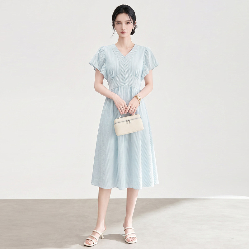 2610110-Nanyou High-Quality Tailored Slim-Fit Elegant V-Neck Striped Ruffle Sleeve Dress for Women, New Summer Style