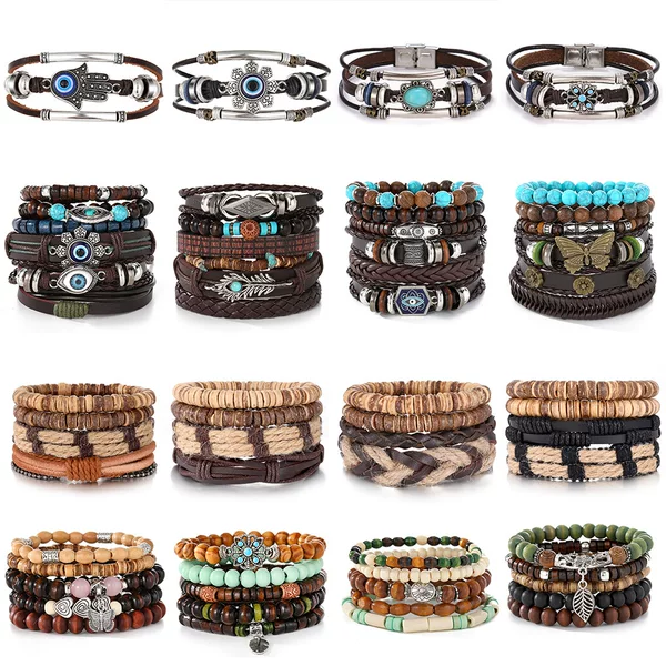Cross-Border Bohemian Fashion Multi-Layered Coconut Shell Beaded Bracelet Retro Butterfly Men's Leather Braided Bracelet Set