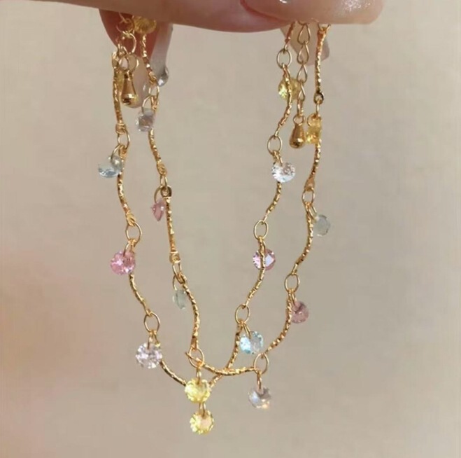 Japanese-Style Fresh Pastoral Pendant with Candy-Colored Zircon Double-Layer Bracelet for Women, High-End Birthday Gift