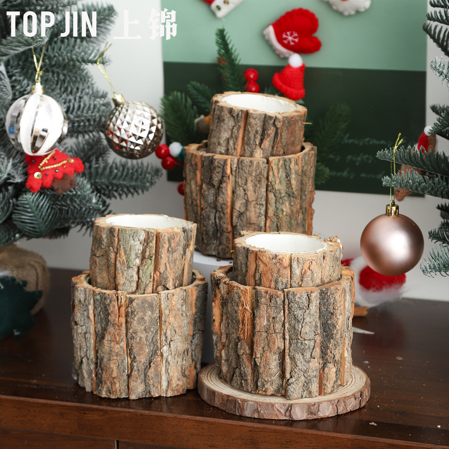 Fábrica al por mayor árbol de Navidad Cubo de cuero Torre de fresa Ramos Cubo de arreglos florales Caja de regalo de bricolaje Cubo de abrazo navideño de estilo pastoral