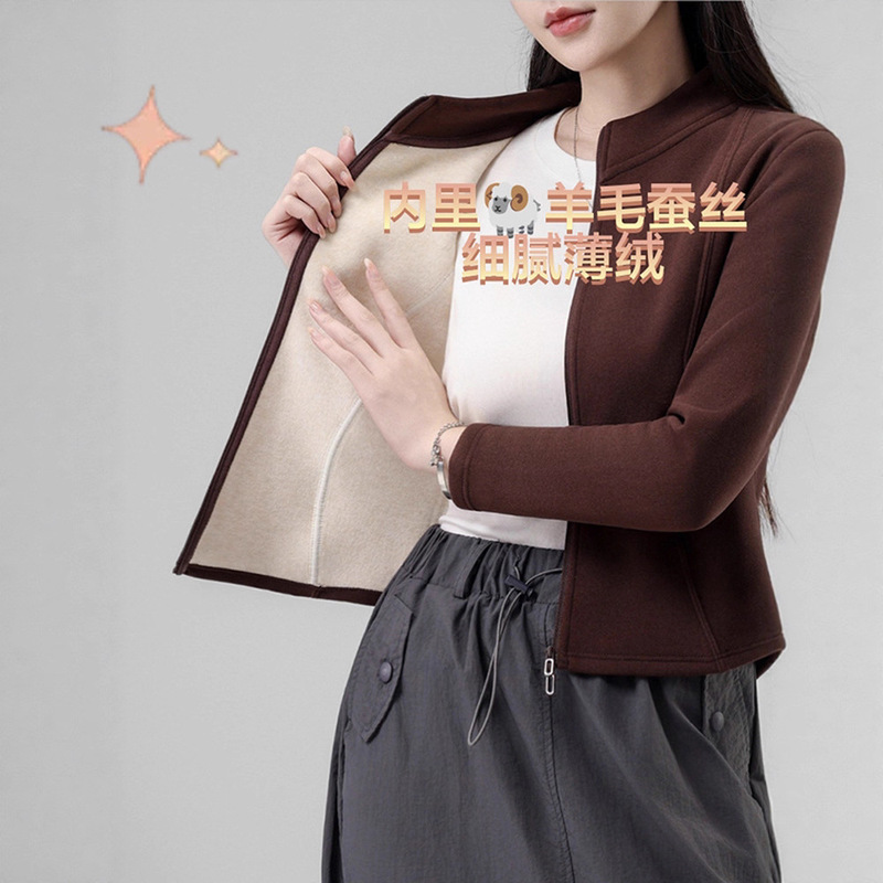 Stand Collar, Slim Waist, Versatile Double-Sided Fleece, Autumn and Winter Style, Slim Fit, Outdoor Windproof, Lightweight, Warm Cardigan Jacket for Women