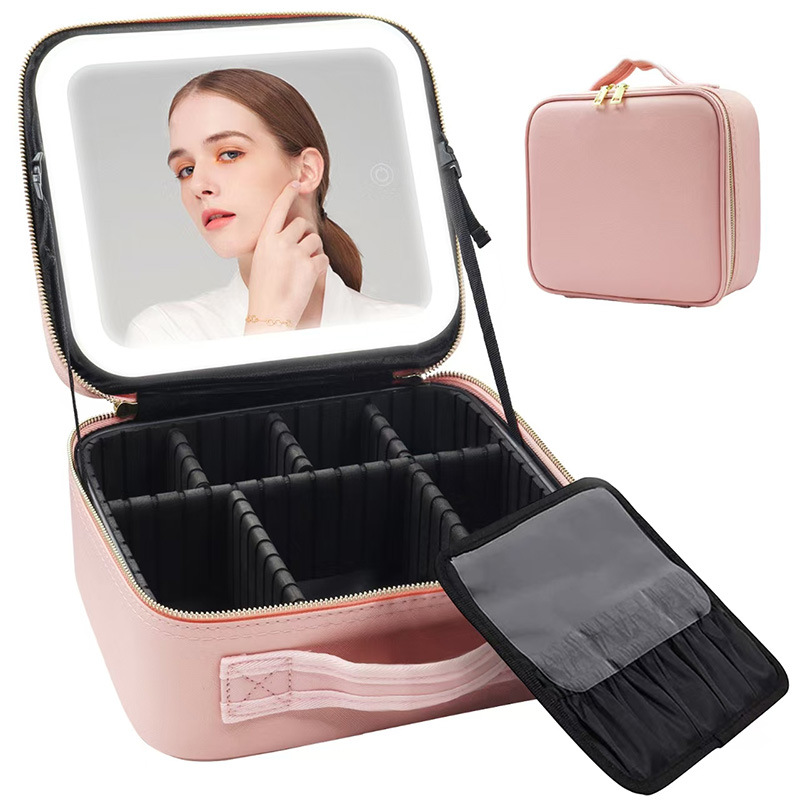Nuevo bolso de maquillaje profesional portátil de gran capacidad con bolsa de cosméticos de PU ligera 4K superficie de vidrio HD personalizado al por mayor