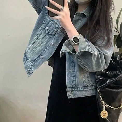 Retro denim autumn design short jacket, 2025 years, oversize