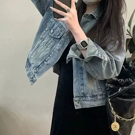 Retro denim autumn design short jacket, 2025 years, oversize