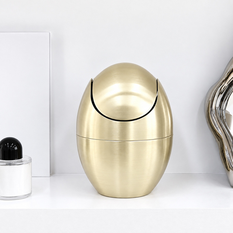 304 Stainless Steel Egg-Shaped Trash Can Gold Office Mini Desktop Swing Type Creative Storage Bin Waste Paper Basket