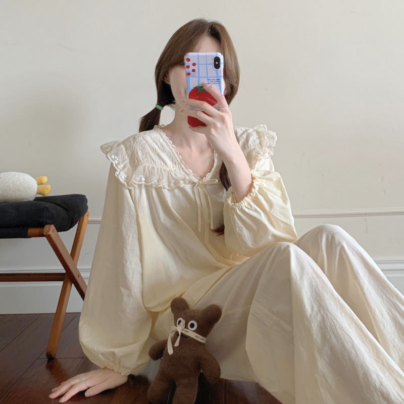 2025韩版棉甜美花边纯色公主长袖家居服套装女秋新款|undefined