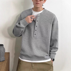 美式复古爆款亨利领卫衣春秋季高级小众上衣圆领假两件韩版卫衣男