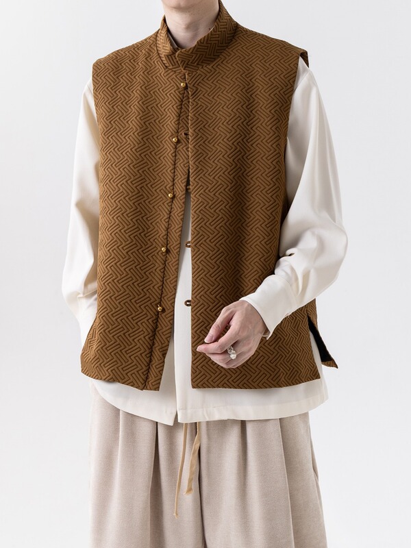 New Chinese-Style Jacquard Copper Buckle Vest for Men, Plus Size, National Trend, Retro Stand Collar, Sleeveless Vest, Hanfu, Tang Suit Jacket
