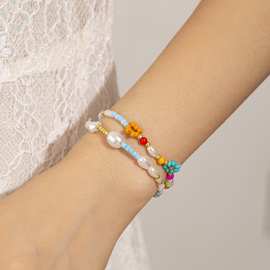 波西米亚异形珍珠米珠手链欧美巴洛克风彩色小雏菊花朵米珠手串女