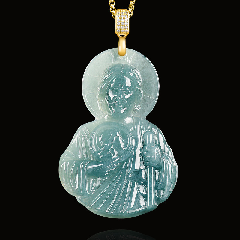 Natural A-Grade Jadeite Blue Water Saint Jude Pendant S925 Silver Pendant for Men and Women