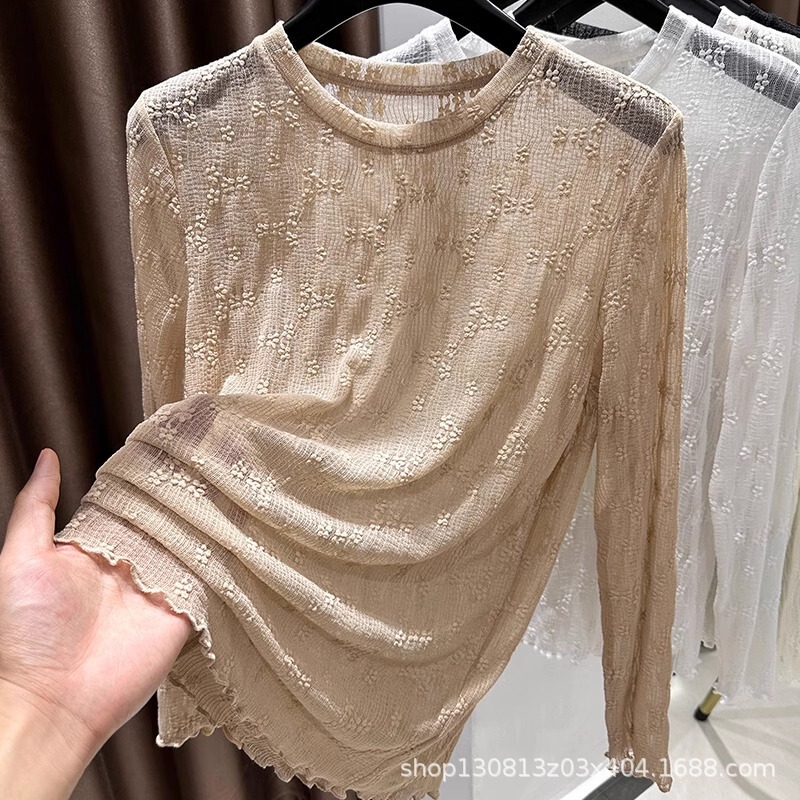 French-Style Lace Hollow-Out Black Sunscreen Sheer Blouse Thin Outerwear Women's Round Neck Air Conditioning Shirt Long-Sleeve T-Shirt Top