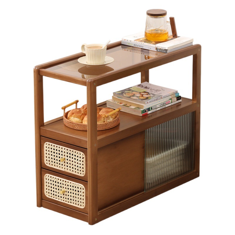 Vidrio de estilo japonés mesa lateral móvil sofá de ratán lado del gabinete del lado del Gabinete sala de estar nogal pequeña mesa de café Mesa de la esquina nuevo