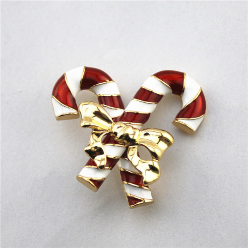  New Handmade Oil-Drip Christmas Cane Brooch Gold Bow Enamel Corsage Christmas Gift