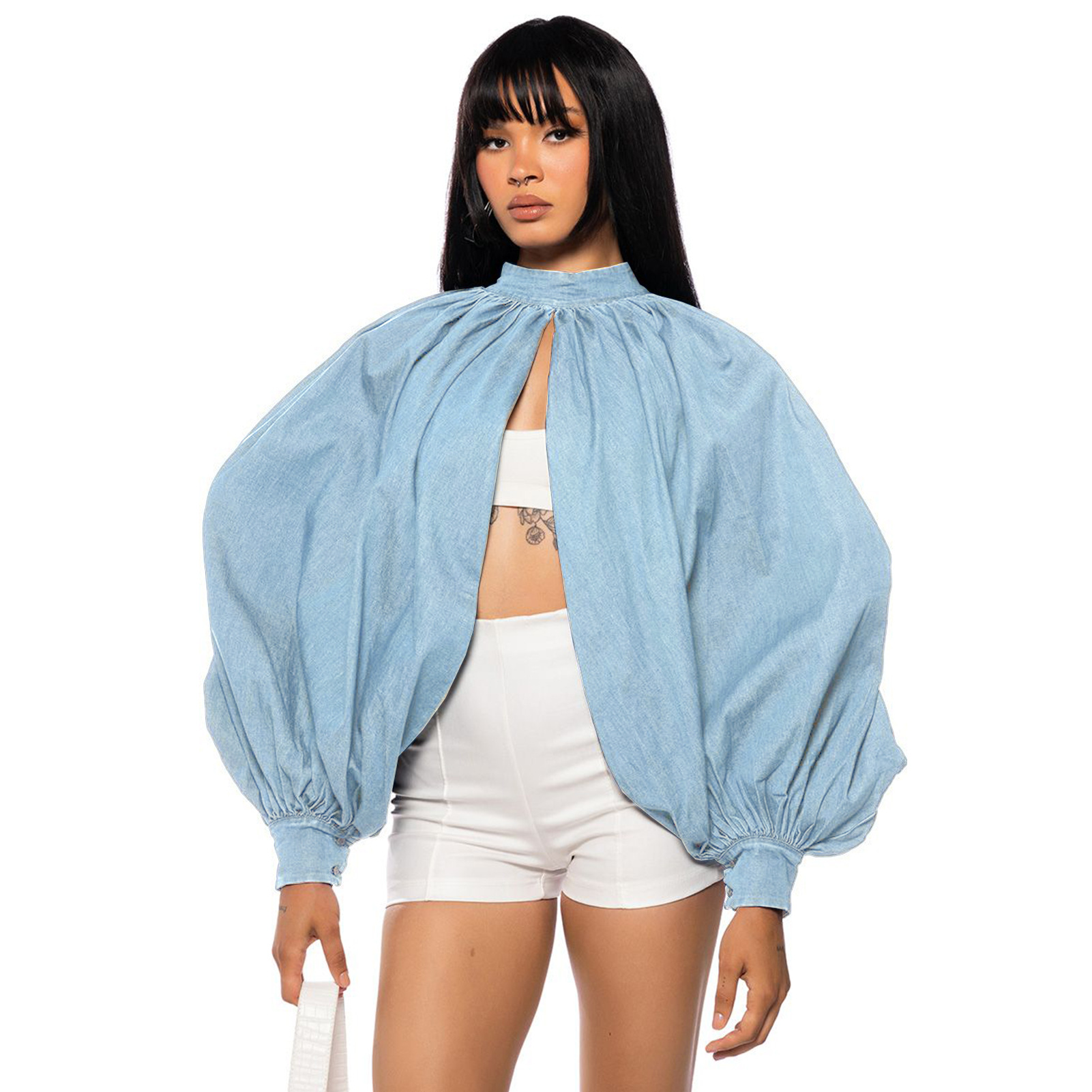 Fornitura di abbigliamento femminile, cardigan senza schienale con maniche a pipistrello e bottoni in denim alla moda_voghion.com