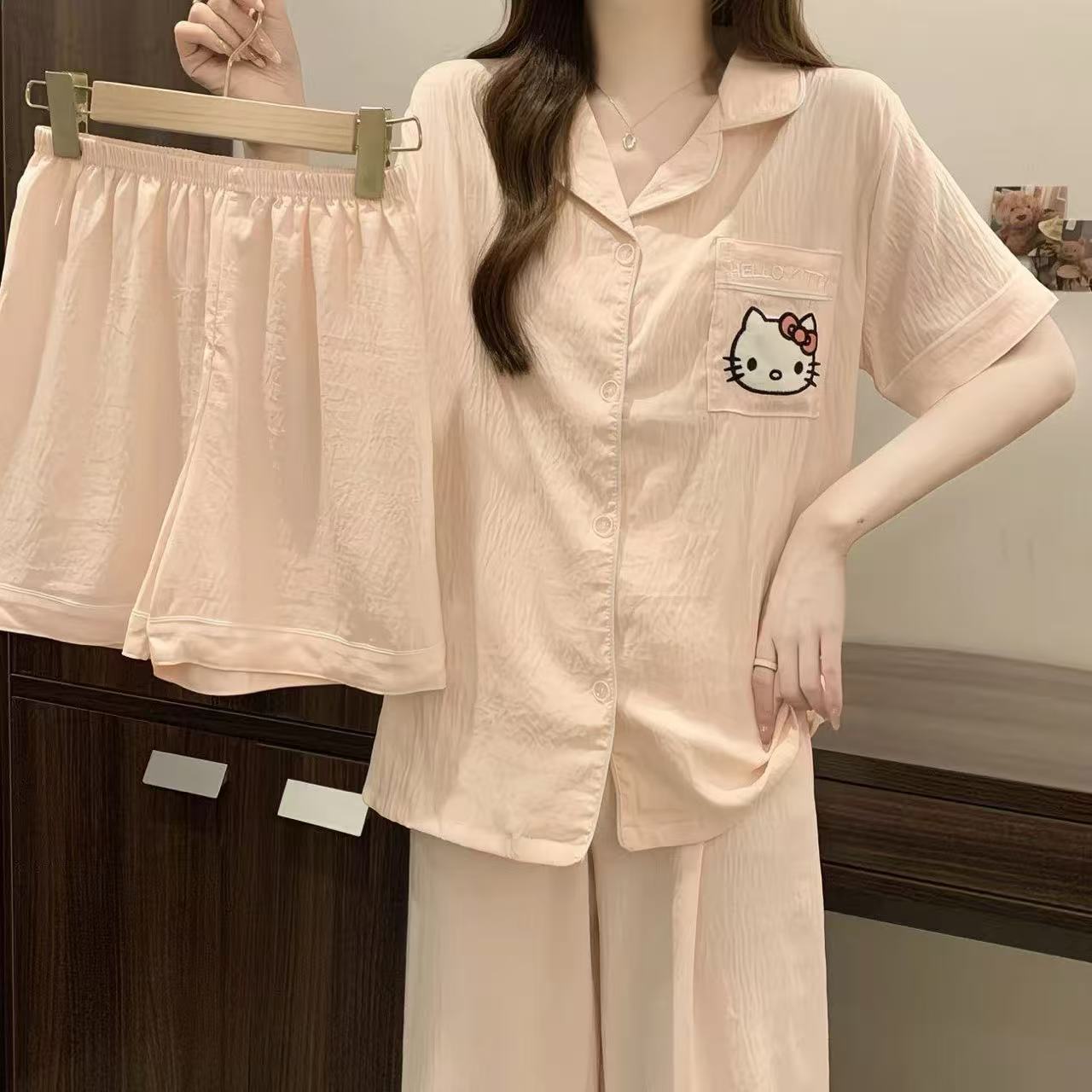봄여름 곰구름 면 냉감 잠옷 여학생 카디건 터틀넥 홈웨어 3종 세트 밴드 브