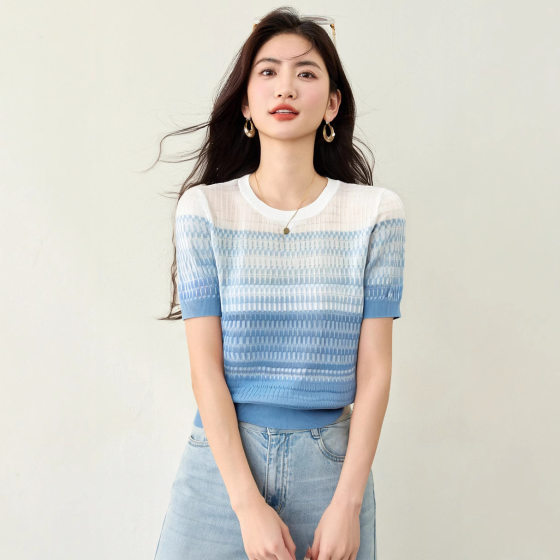 Design Crewneck Pink Gradient Short-sleeved Sweater Women's Fashionable Gentle Unique Chic Loose Slimming Short Top