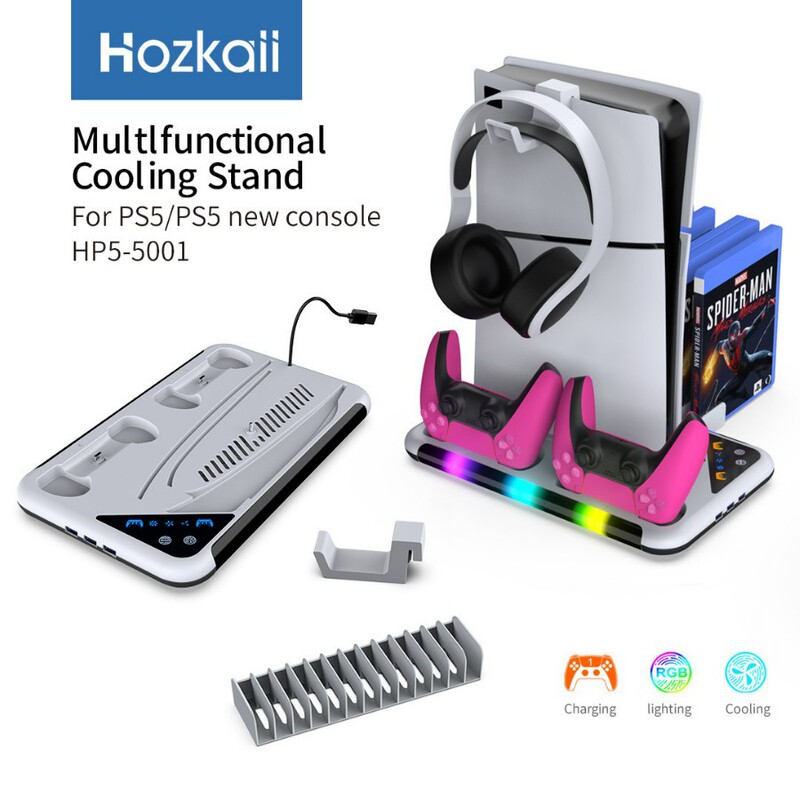 Ps5/Slim/Pro Host Universal Cooling Charging Base Ps5Rgb Lighting Bracket with Disc Rack Headphone Hanger Ps5/Slim/Pro Host Universal Cooling Charging Base Ps5Rgb Lighting Bracket with Disc Rack Headphone Hanger