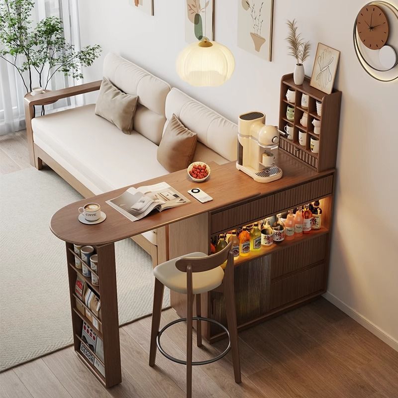 Simple Retractable Solid Wood Sofa Bar Integrated Cabinet Small Apartment Home Living Room Partition Storage Cabinet Folding Bar Table