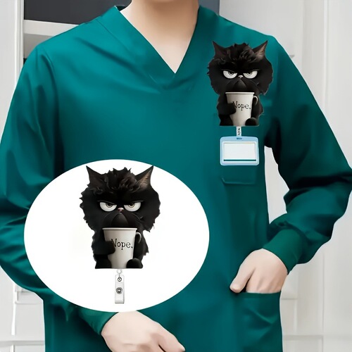 New acrylic flat-facing tea cup cat badge clip, ID clip, retractable easy-to-pull buckle