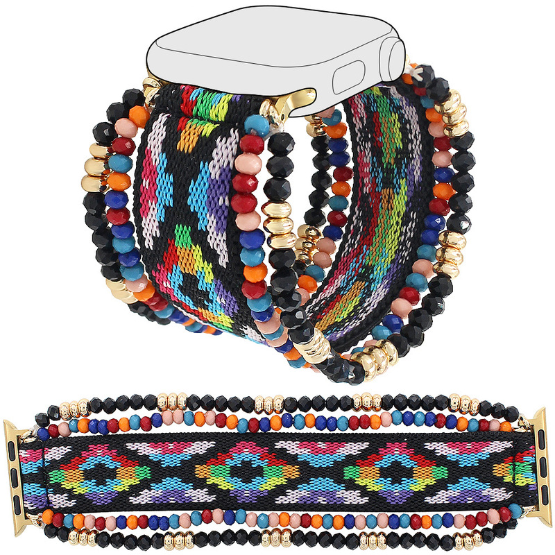 Suitable for Apple Watch Rice Bead String Iwatch45678/Se Generation Smart Watch with Leather Strap Bohemian Style