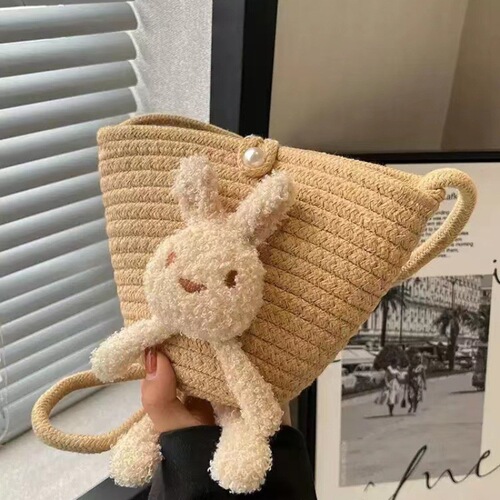 Cute Rabbit Crossbody Cotton Wire Woven Bag, New Crossbody Bucket Grass Woven Bag, Vacation Beach Bag, Versatile Women's Bag