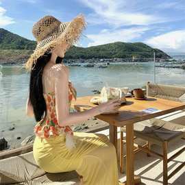 黄色露肩短款收腰抹胸上衣半身裙两件套夏装辣妹巨好看的套装女