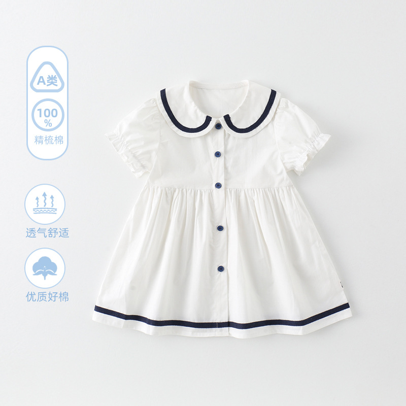 Children's Dress Girl's Navy Collar Skirt Short-Sleeved Baby Girl's New Summer Dress Preppy Style Princess Dress Kidsren's Clothing Pure Cotton