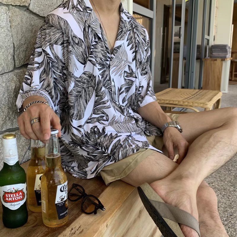 Hawaiian Shirt Flower Men's Summer Short-sleeved Beach Shirt Seaside Beach Island Suit Palm Leaf Cuban Collar Cross-border