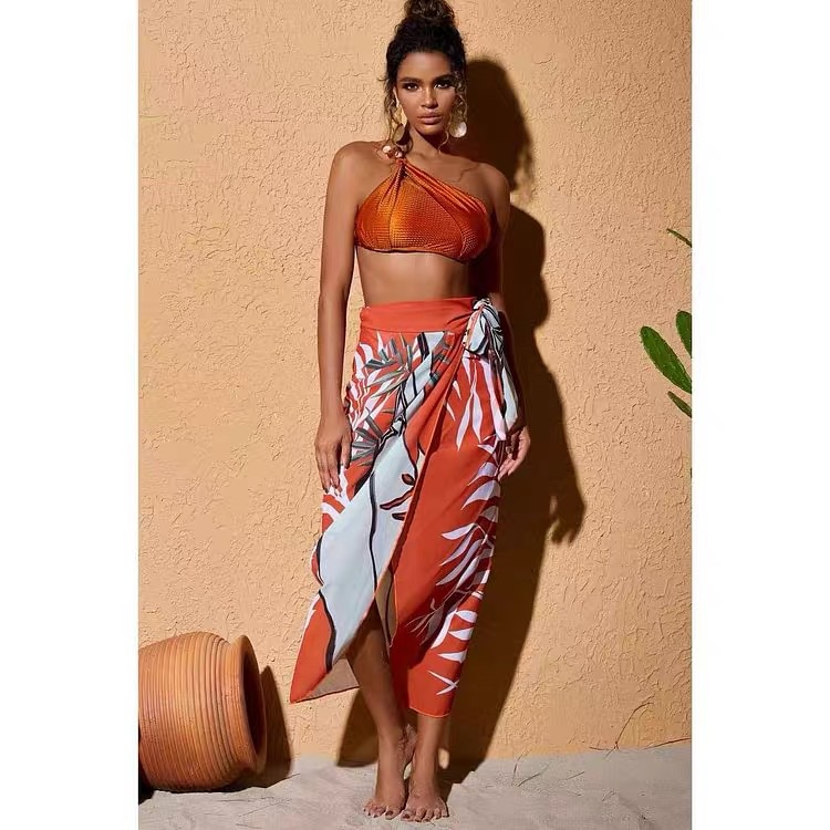 Dambaddräktsset 2024 ny kollektion sexig högmidjad bikini delad baddräkt chiffong lång kjol_voghion.com