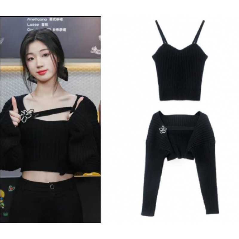 Shan Yichun Celebrity-Inspired Black Knitted Shawl Camisole Sweater for Women with Beaded Floral Pure Desire Style Top Two-Piece Set Shan Yichun Celebrity-Inspired Black Knitted Shawl Camisole Sweater for Women with Beaded Floral Pure Desire Style Top Two-Piece Set