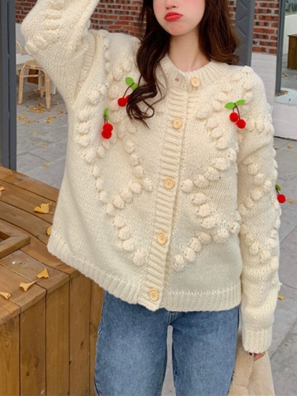 开衫毛衣针织衫外套上衣女复古立体樱桃甜美春秋季宽松外穿超好看|undefined