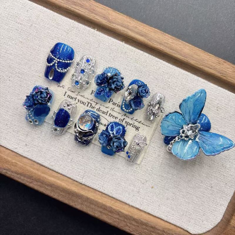 Blue Butterfly 11-Finger False Nails Almond-Shaped Handmade Nail Art Premium High-End Wholesale Pure Handmade Wearable Nails Short Nail Art Blue Butterfly 11-Finger False Nails Almond-Shaped Handmade Nail Art Premium High-End Wholesale Pure Handmade Wearable Nails Short Nail Art