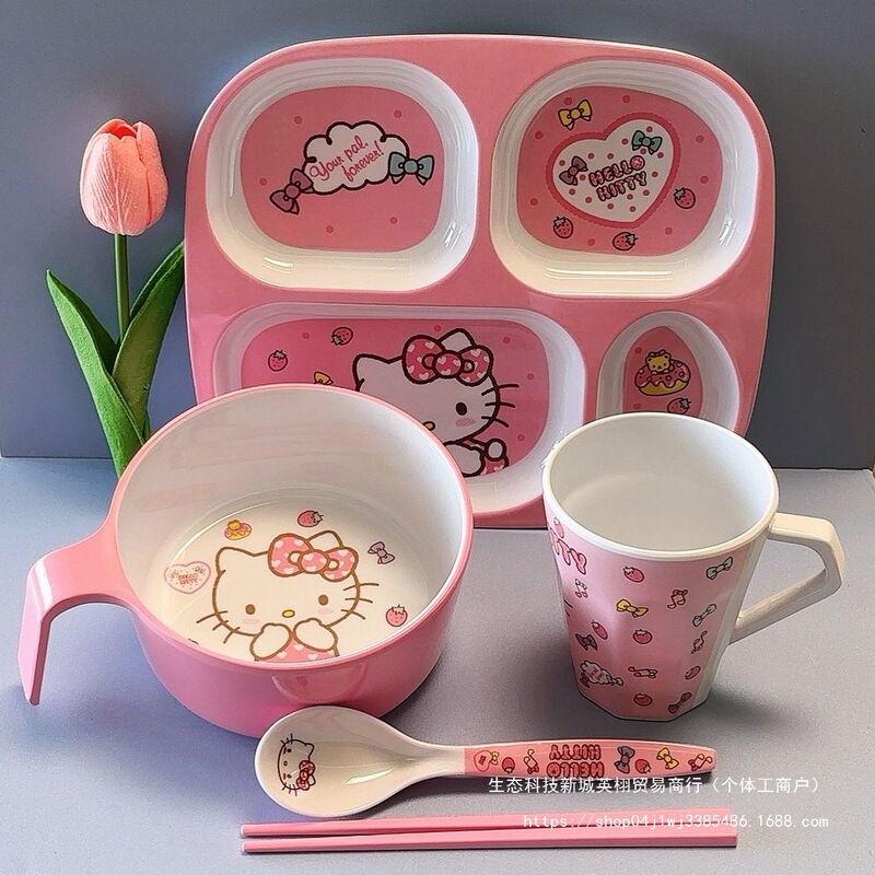 Melamine Cartoon Cat Handle Children's Bowl Anti-Scald Tableware Cute Baby Rice Bowl Student Divided Plate