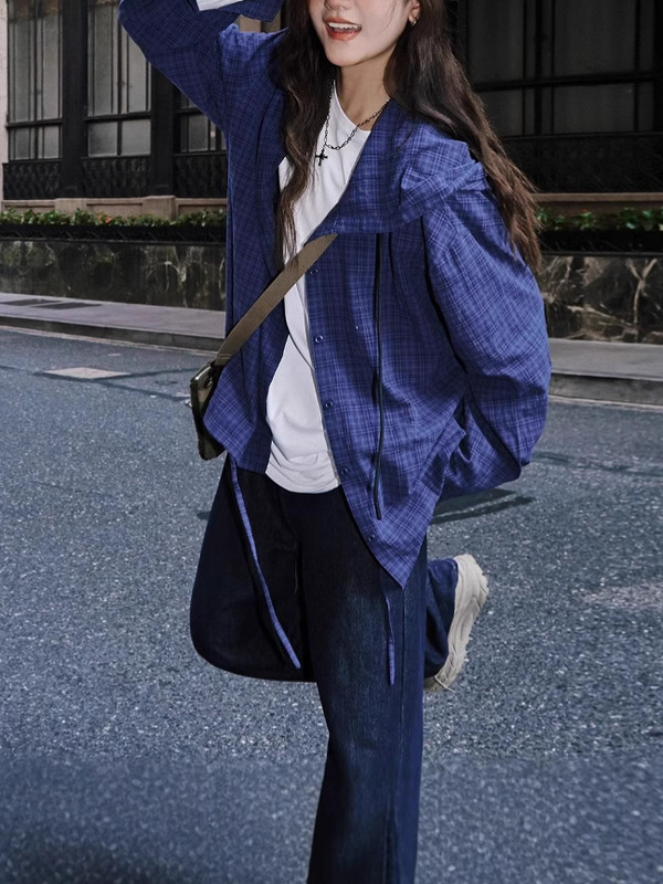 韩系连帽格子衬衫女2025夏季新款蓝色衬衣宽松慵懒风防晒长袖上衣|undefined