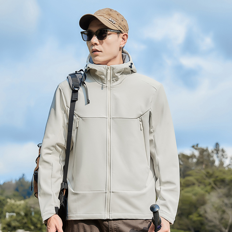 75D Stretch Composite Plaid Velvet New Technology Imitation Lotus Leaf Water-Repellent Hooded All-In-One Outdoor Soft Shell Jacket for Mountaineering