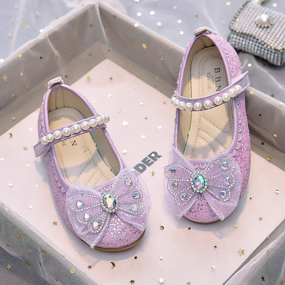 Girls Elsa Princess Shoes 2025 New Korean Style Bow Little Girl Soft Sole Shoes Pearl Crystal Leather Shoes